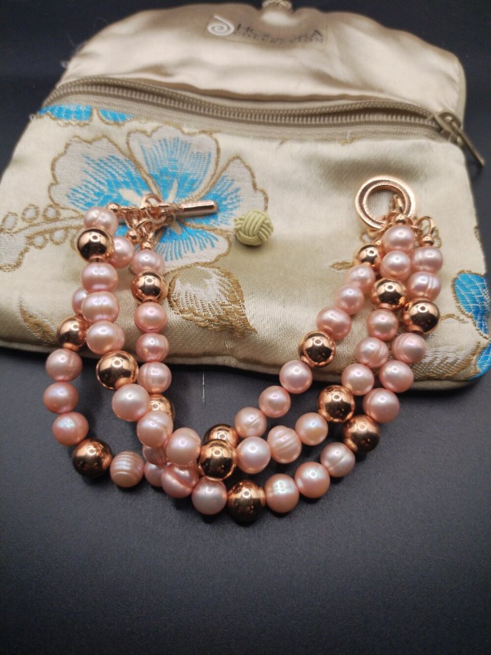 Honora Freshwater Pearl Bronze Three-Strand Bead Bracelet Toggle soft pink  V